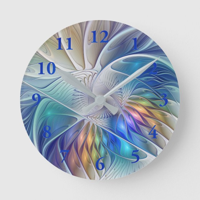 Floral Fantasy, Colourful Abstract Fractal Flower Round Clock (Front)