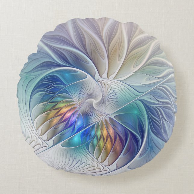 Floral Fantasy, Colourful Abstract Fractal Flower Round Cushion (Front)
