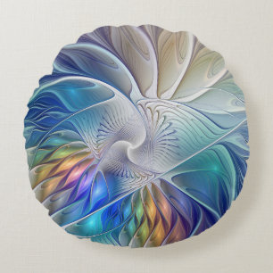 Floral Fantasy, Colourful Abstract Fractal Flower Round Cushion