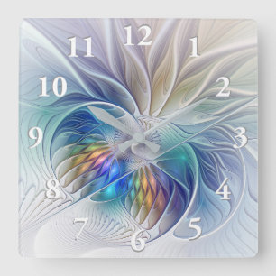 Floral Fantasy, Colourful Abstract Fractal Flower Square Wall Clock