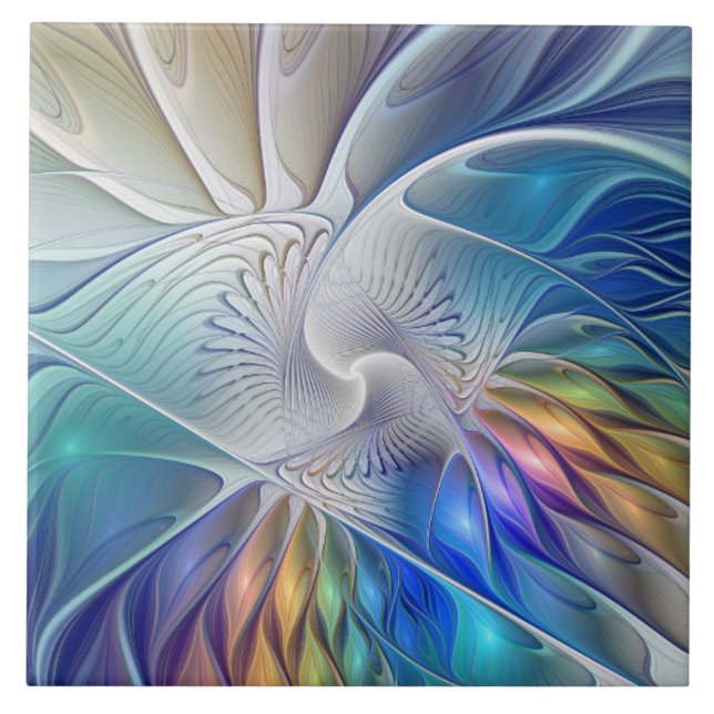Floral Fantasy, Colourful Abstract Fractal Flower Tile (Front)