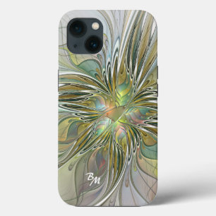 Floral Fantasy Fractal Flower With Gold Initials iPhone 13 Case