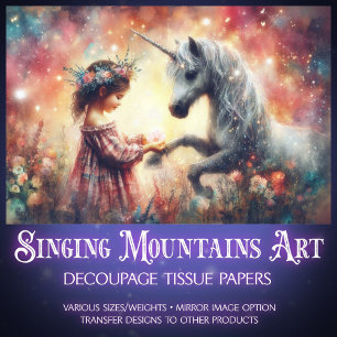 Floral Fantasy Girl and Unicorn Decoupage  Tissue Paper