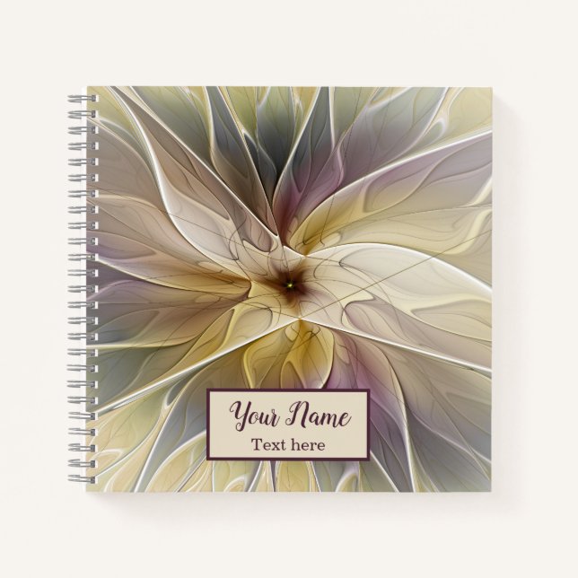 Floral Fantasy Gold Aubergine Abstract Art Name Notebook (Front)