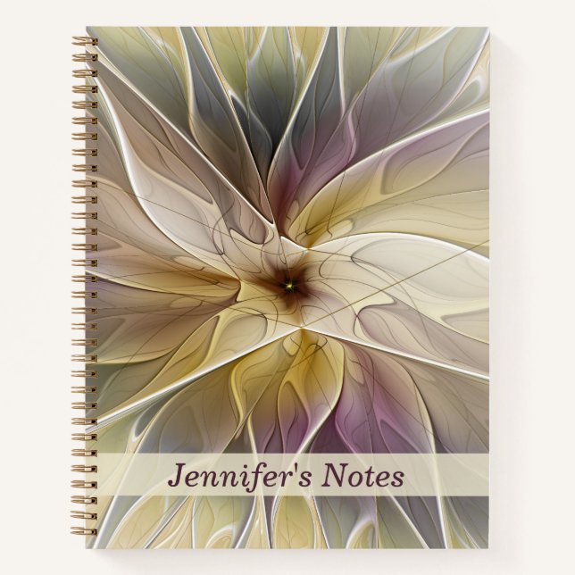 Floral Fantasy Gold Aubergine Abstract Art Name Notebook (Front)