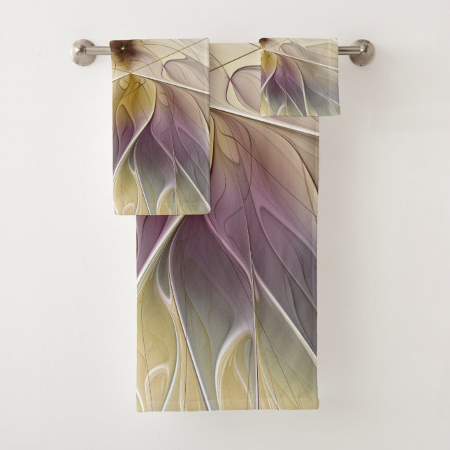 Floral Fantasy Gold Aubergine Abstract Fractal Art Bath Towel Set (Insitu)