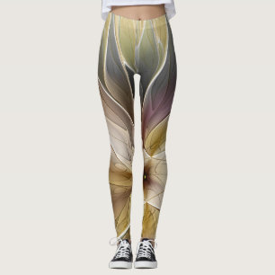 Floral Fantasy Gold Aubergine Abstract Fractal Art Leggings
