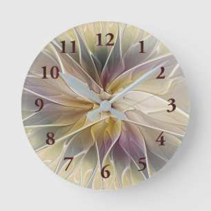 Floral Fantasy Gold Aubergine Abstract Fractal Art Round Clock