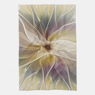 Floral Fantasy Gold Aubergine Abstract Fractal Art Tea Towel