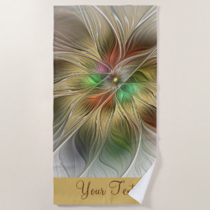 Floral Fantasy Gold Modern Abstract Fractal Text Beach Towel