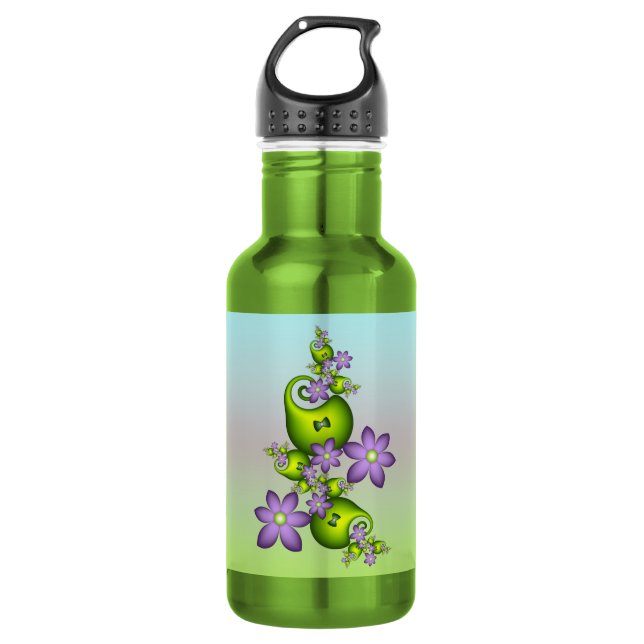Floral Fantasy Lilac Flowers Green Shapes Fractal 532 Ml Water Bottle (Front)