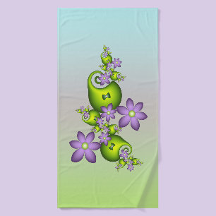 Floral Fantasy Lilac Flowers Green Shapes Fractal Bath Towel