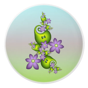 Floral Fantasy Lilac Flowers Green Shapes Fractal Ceramic Knob