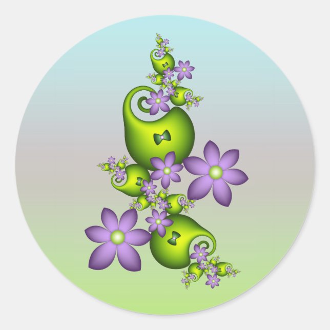 Floral Fantasy Lilac Flowers Green Shapes Fractal Classic Round Sticker (Front)