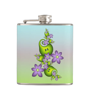Floral Fantasy Lilac Flowers Green Shapes Fractal Hip Flask