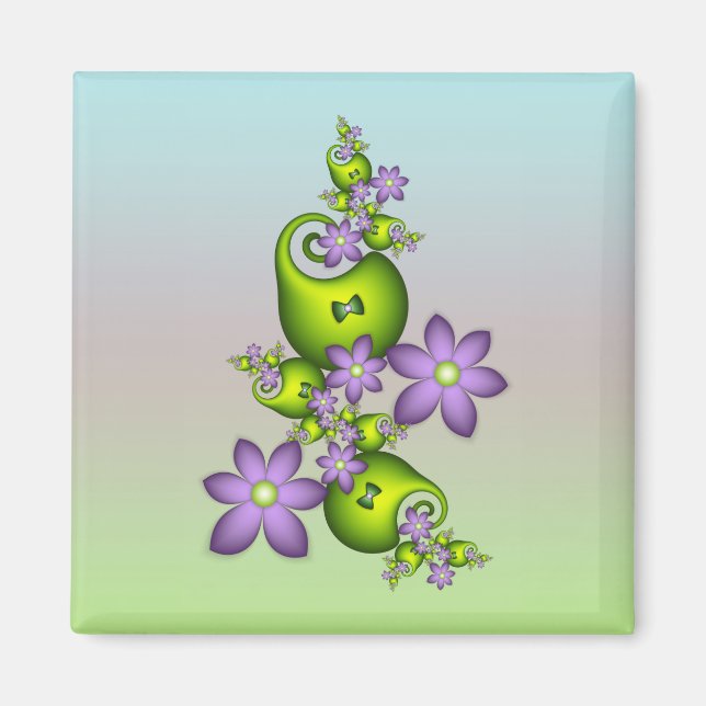 Floral Fantasy Lilac Flowers Green Shapes Fractal Magnet (Front)