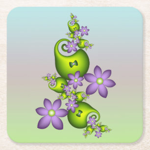Floral Fantasy Lilac Flowers Green Shapes Fractal Square Paper Coaster