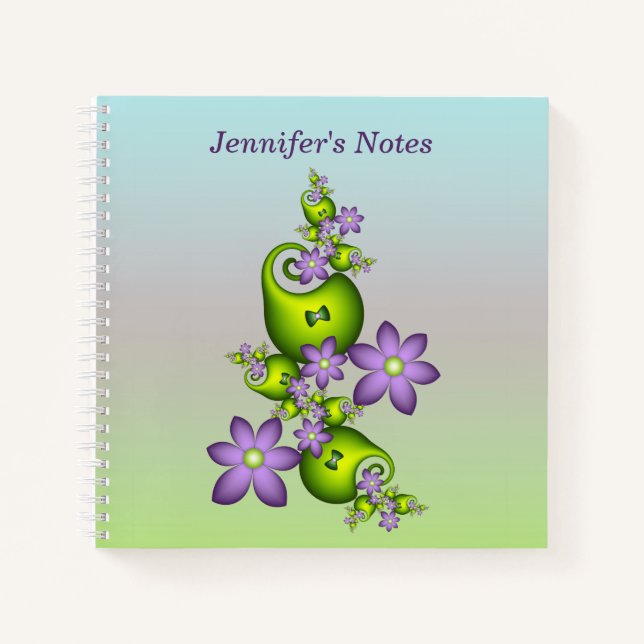 Floral Fantasy Lilac Green Flowers Fractal Name Notebook (Front)