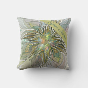 Floral Fantasy Modern Art Flower With Gold Name Cushion