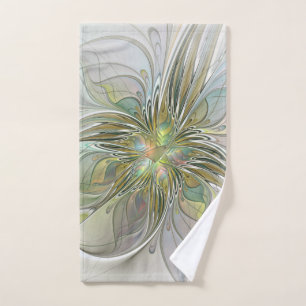 Floral Fantasy Modern Fractal Art Flower With Gold Hand Towel