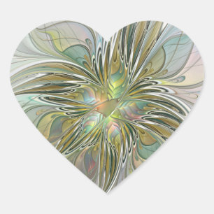 Floral Fantasy Modern Fractal Art Flower With Gold Heart Sticker