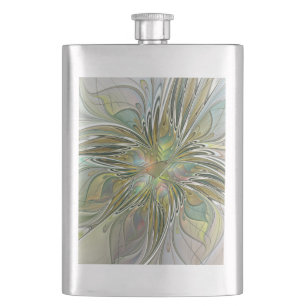 Floral Fantasy Modern Fractal Art Flower With Gold Hip Flask