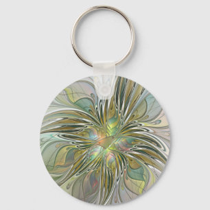 Floral Fantasy Modern Fractal Art Flower With Gold Key Ring