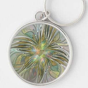 Floral Fantasy Modern Fractal Art Flower With Gold Key Ring