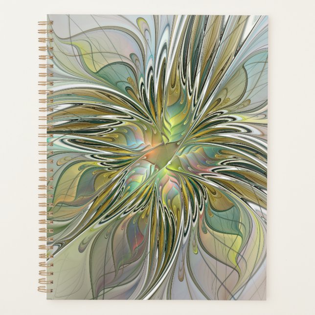 Floral Fantasy Modern Fractal Art Flower With Gold Planner (Front)