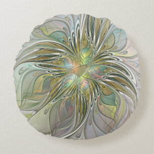 Floral Fantasy Modern Fractal Art Flower With Gold Round Cushion