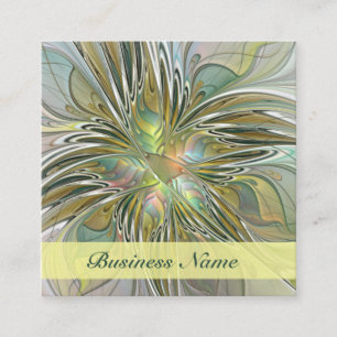 Floral Fantasy Modern Fractal Art Flower With Gold Square Business Card
