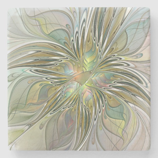 Floral Fantasy Modern Fractal Art Flower With Gold Stone Coaster (Front)