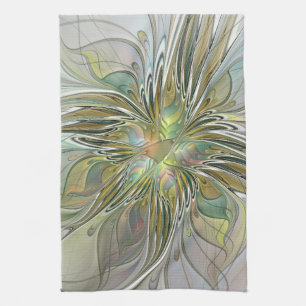 Floral Fantasy Modern Fractal Art Flower With Gold Tea Towel