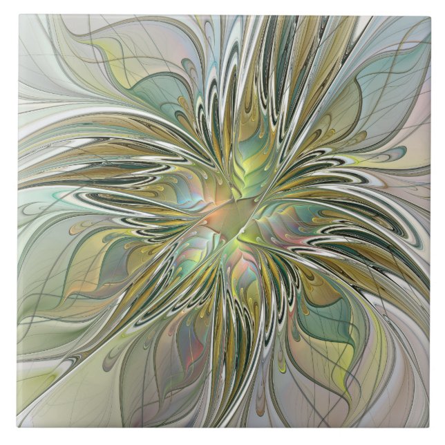 Floral Fantasy Modern Fractal Art Flower With Gold Tile (Front)