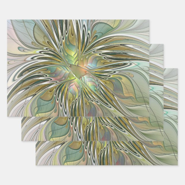 Floral Fantasy Modern Fractal Art Flower With Gold Wrapping Paper Sheet (Set)