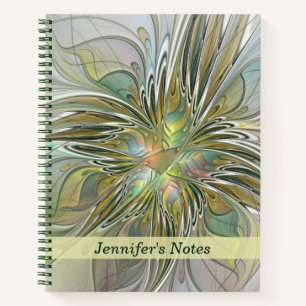 Floral Fantasy Modern Fractal Flower W. Gold Name Notebook