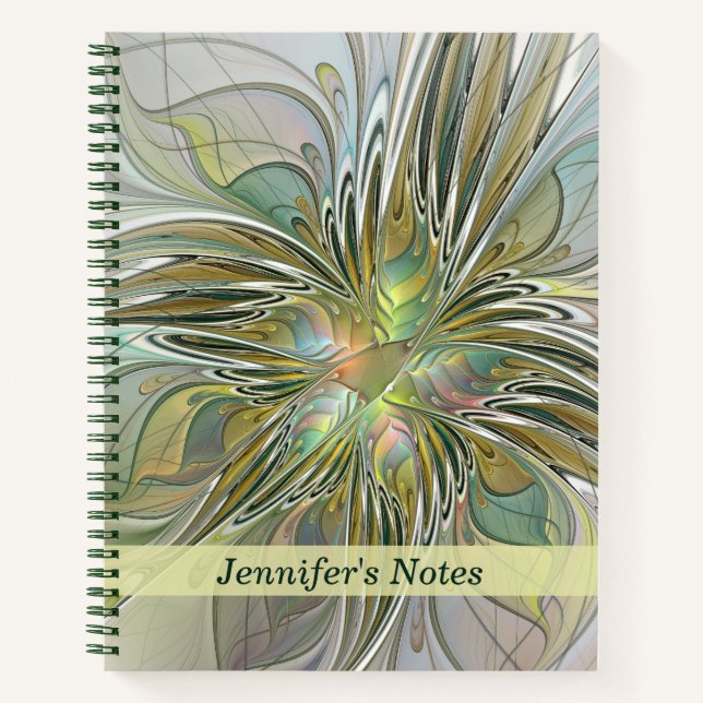 Floral Fantasy Modern Fractal Flower W. Gold Name Notebook (Front)