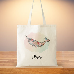 Floral Fantasy Narwhal Tote Bag