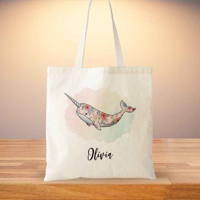 Floral Fantasy Narwhal Tote Bag (Creator Uploaded)
