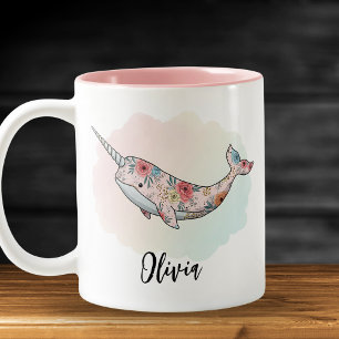 Floral Fantasy Narwhal Two-Tone Coffee Mug