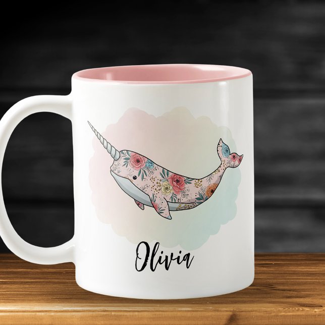 Floral Fantasy Narwhal Two-Tone Coffee Mug (Creator Uploaded)