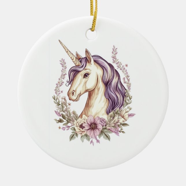Floral Fantasy Unicorn  (1) Ceramic Tree Decoration (Front)