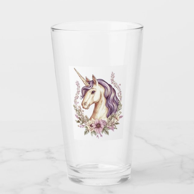Floral Fantasy Unicorn  (1) Glass (Front)