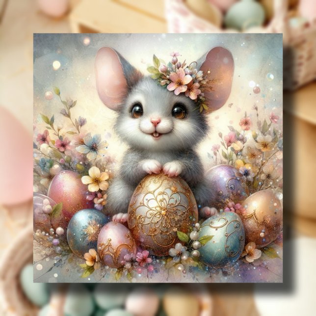 Floral Fantasy with Cute Easter Mouse and Eggs Holiday Card (Creator Uploaded)