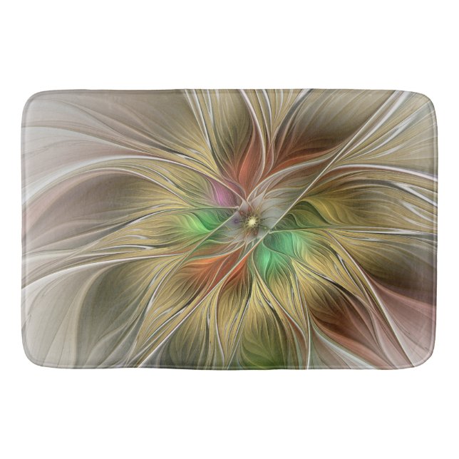 Floral Fantasy With Gold Modern Abstract Fractal Bath Mat (Front)