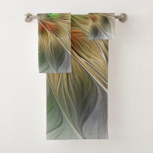 Floral Fantasy With Gold Modern Abstract Fractal Bath Towel Set