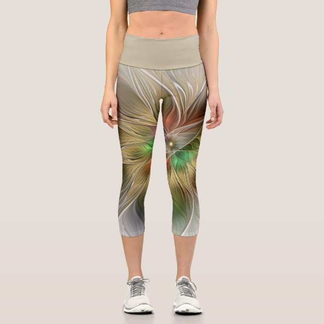 Floral Fantasy With Gold Modern Abstract Fractal Capri Leggings (Front)