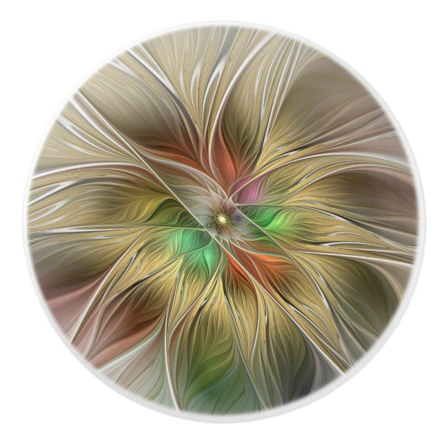 Floral Fantasy With Gold Modern Abstract Fractal Ceramic Knob (Front)