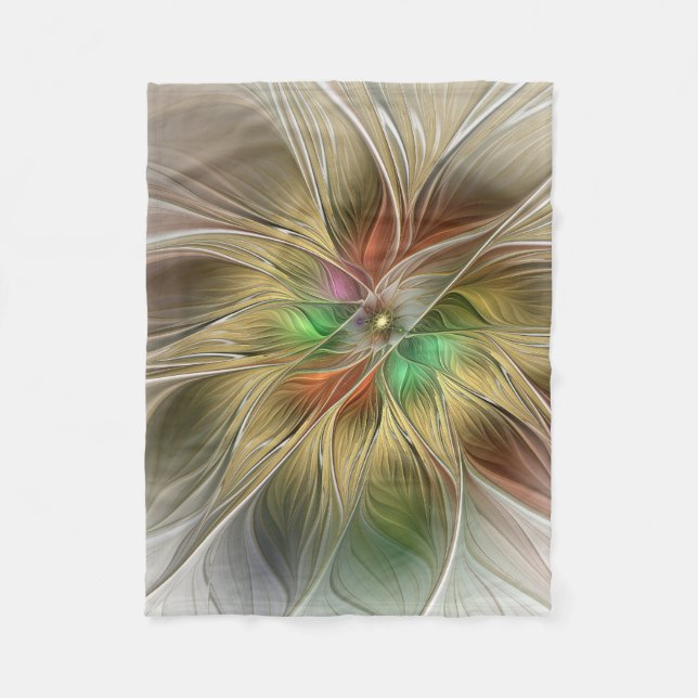 Floral Fantasy With Gold Modern Abstract Fractal Fleece Blanket (Front)