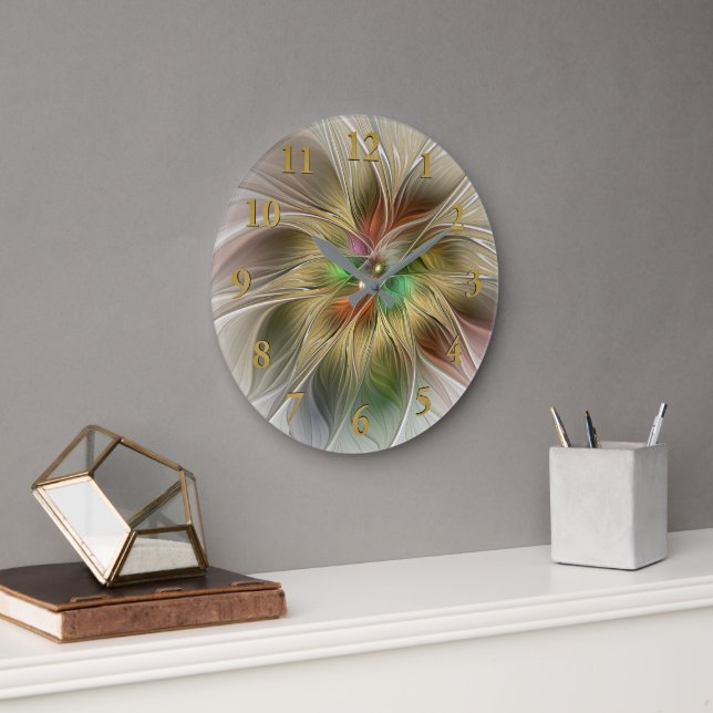 Floral Fantasy With Gold Modern Abstract Fractal Large Clock (Office)